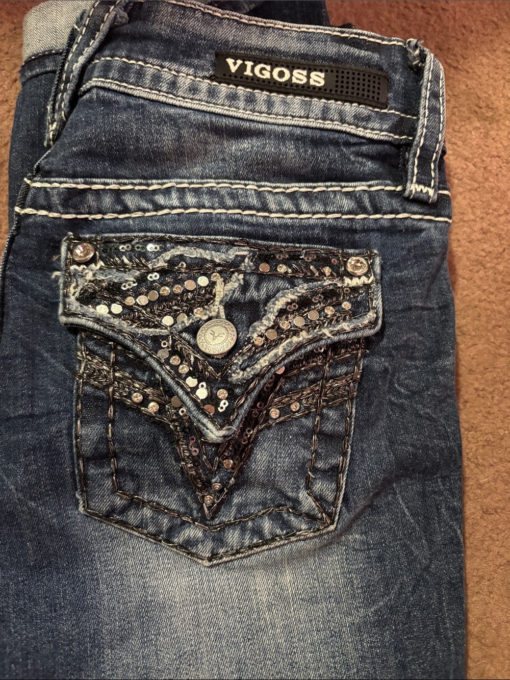 Vigoss Women's Dark Blue Denim Boot Cut Jeans with Sequin-Embellished Pocket